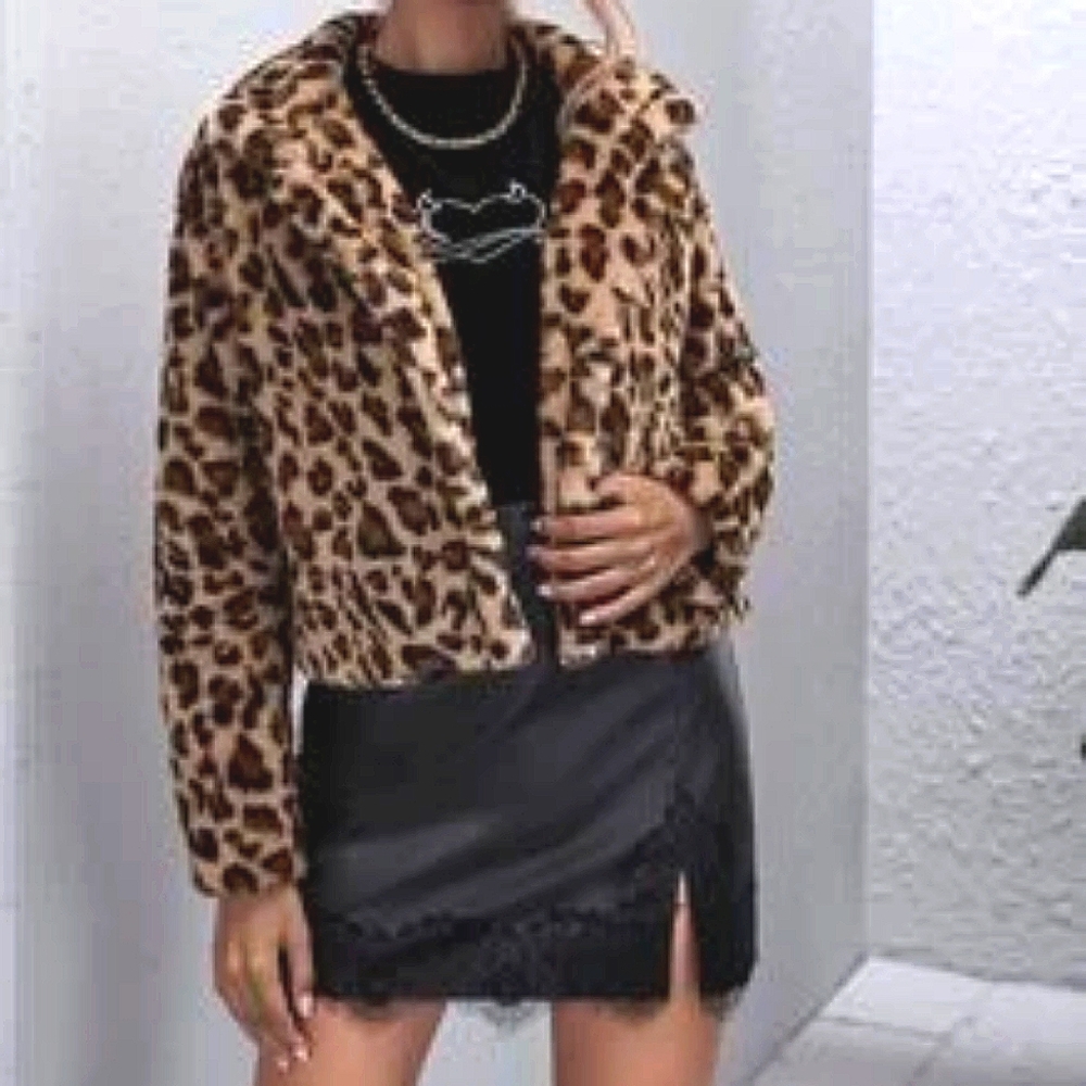 Brown Black Leopard Cheetah Faux Fur Retro Jacket XS